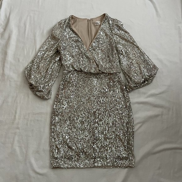NWT ELIZA J Sequined Blouson Shift Dress Silver size 6 Wedding Guest Evening - Picture 2 of 10